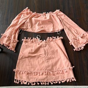 2 peice, light coral, cropped shirt and skirt with pin poms, strapless, mini